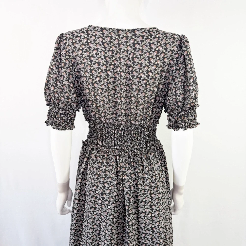Max Studio Black Floral Maxi Dress Size L Casual Boho Short Sleeve V-Neck - Picture 7 of 11